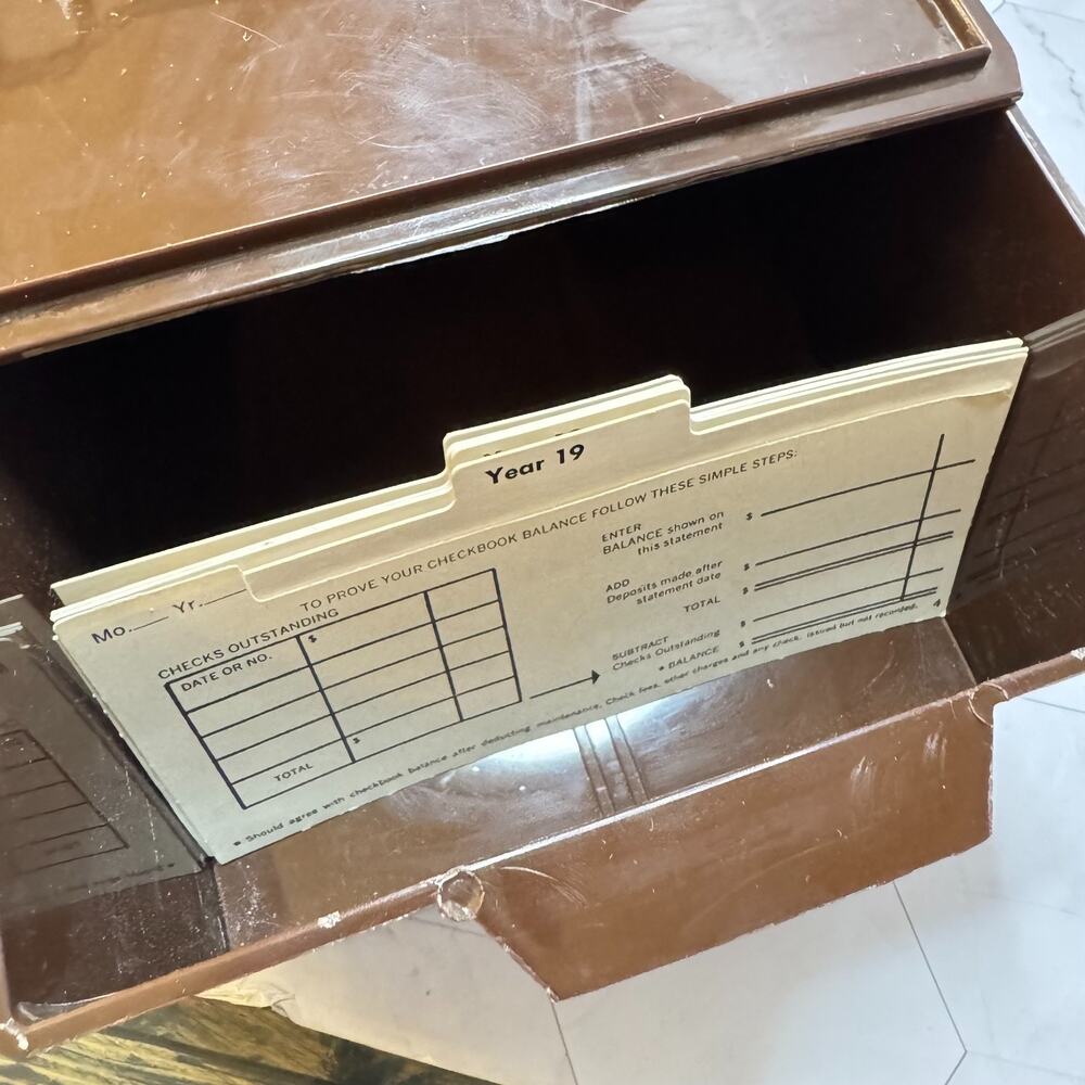 Vintage Check Storage Box 1970s Brown Plastic Check Book Bookkeeping Drawer EUC